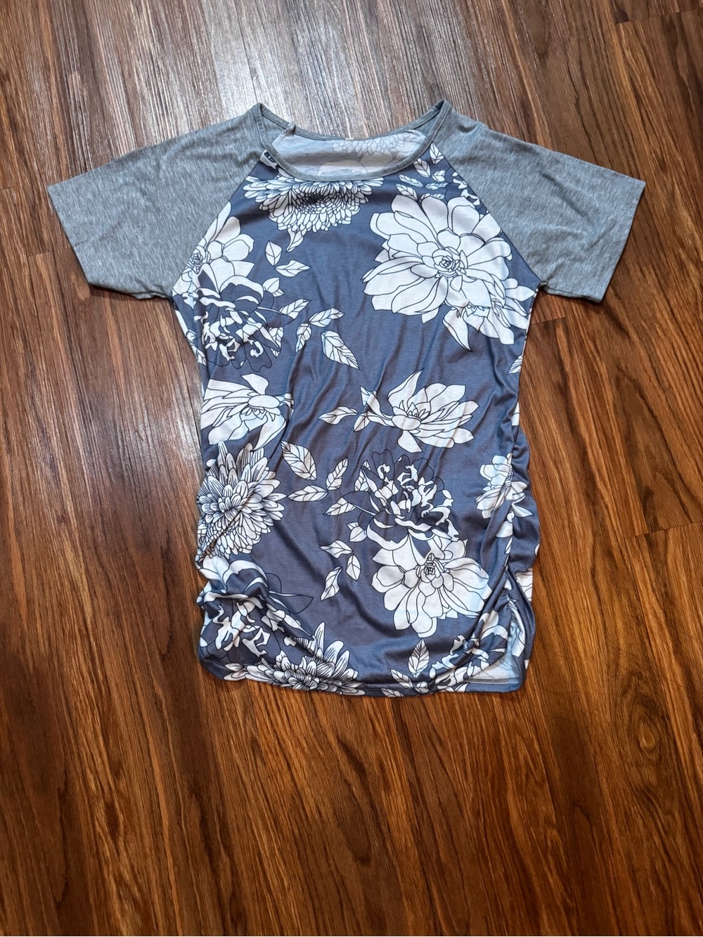 Maternity Purple Floral Raglan Tee with Gray Sleeves